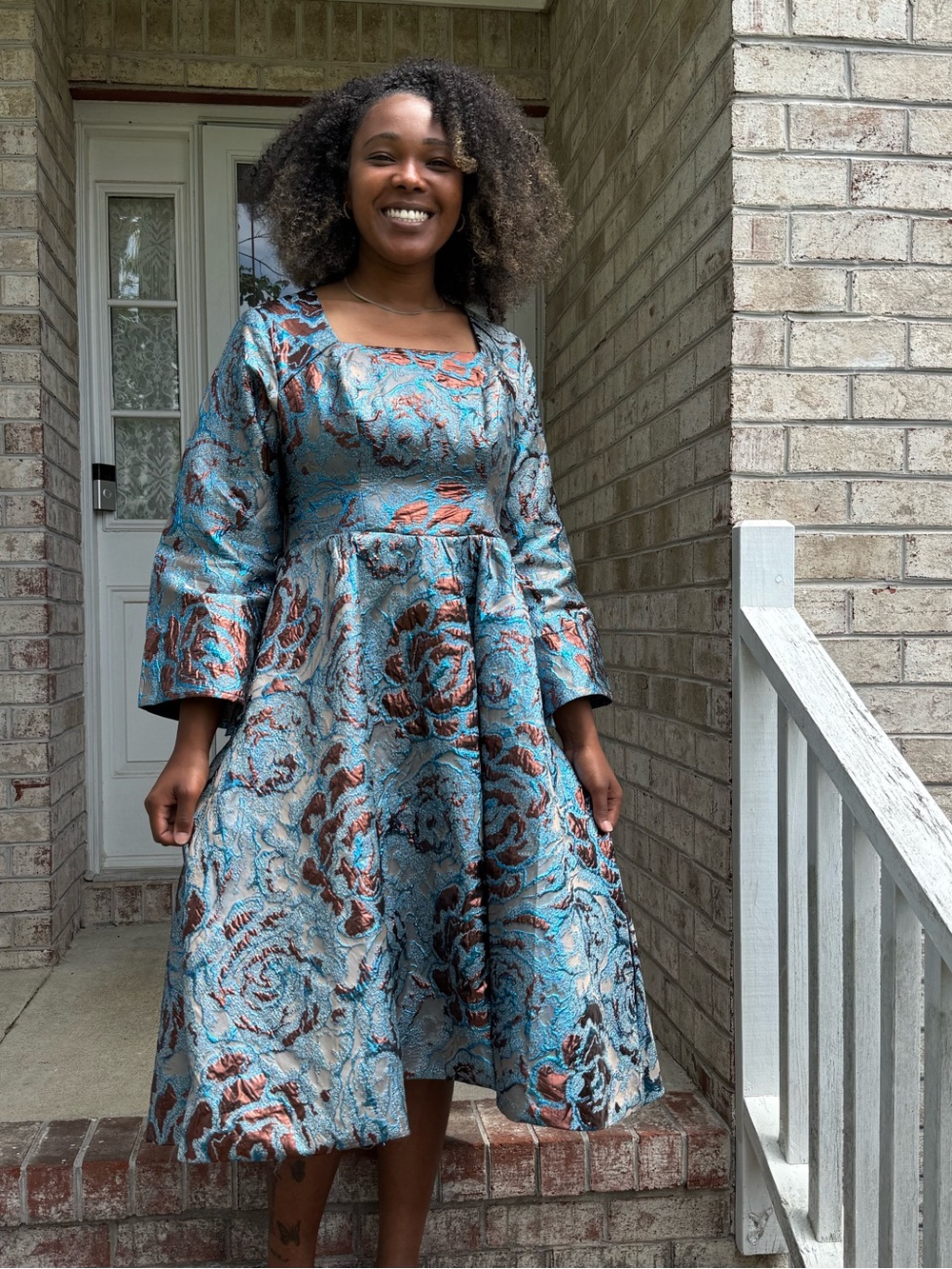 Luxury Fit and flare Damask brocade Dress with V-Neck Panel